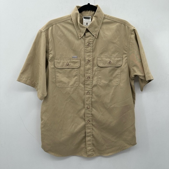 CARHARTT men's tan button short sleeve workwear casual athleisure shirt.  MEDIUM - Picture 1 of 7